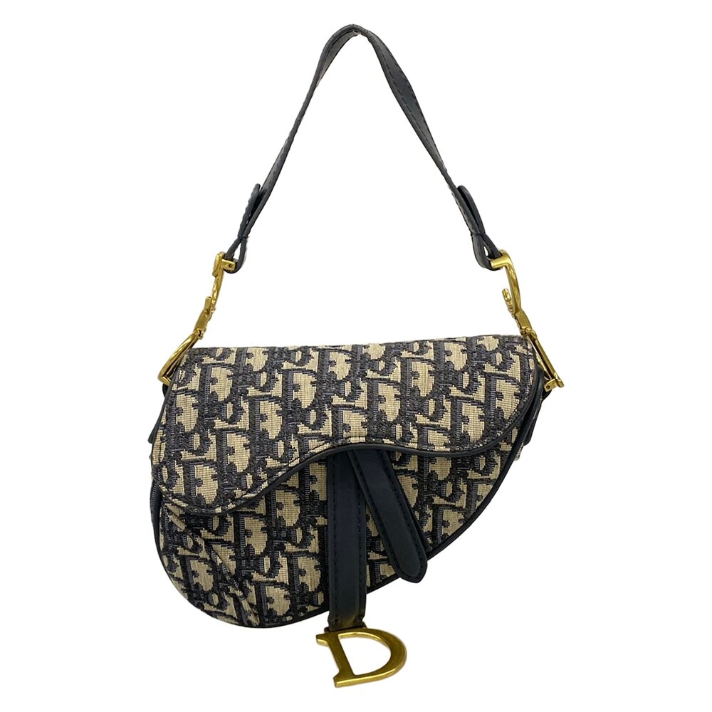 Christian Dior DIOR/ChristianDior Saddle Bag Handbag Navy Cream Jacquard Leather - Picture 1 of 15